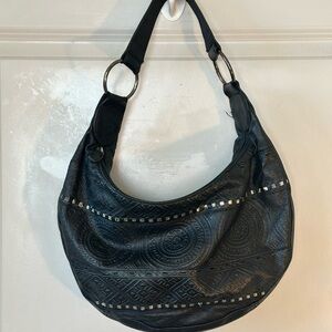 Giani Bernini Black Leather Studded Aztec Boho Y2K Hobo Designer Shoulder Bag